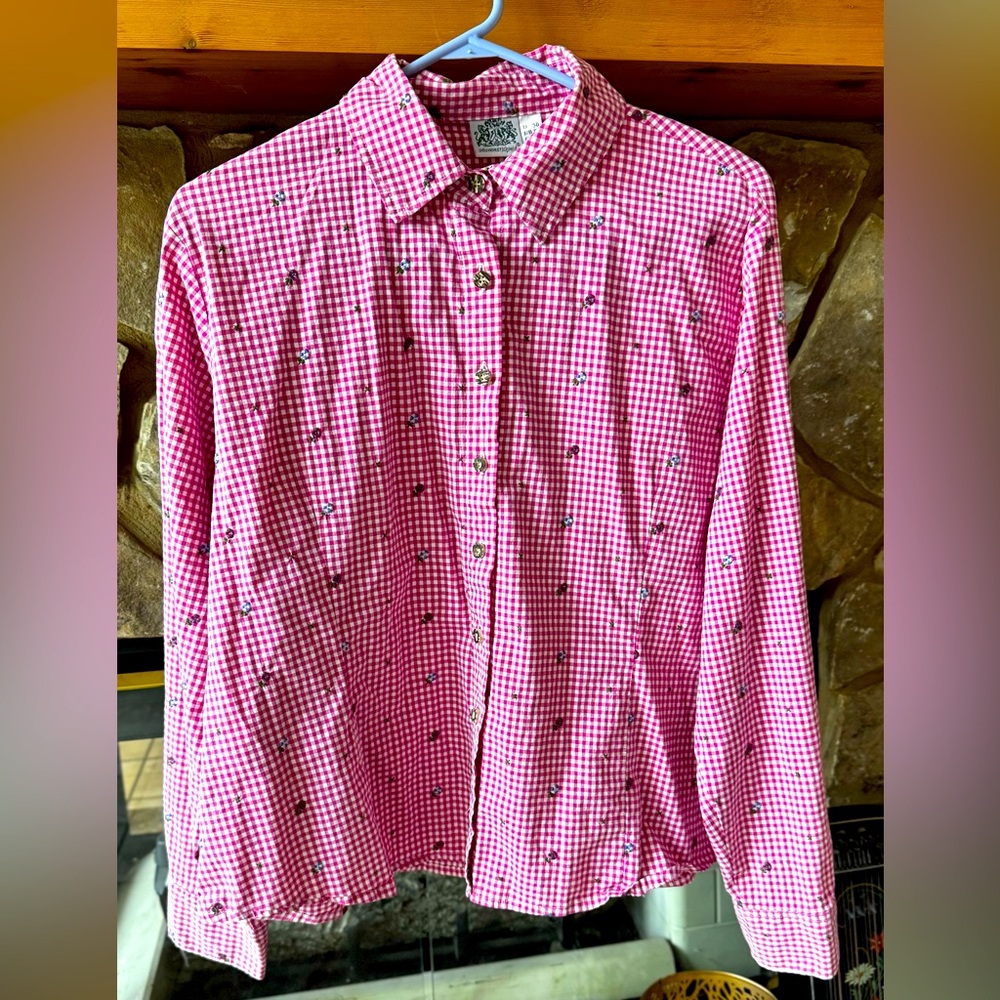 Ladies Oktoberfest blouse xxl 18 16 48  checkered embroidered pink Dirndl Tracht